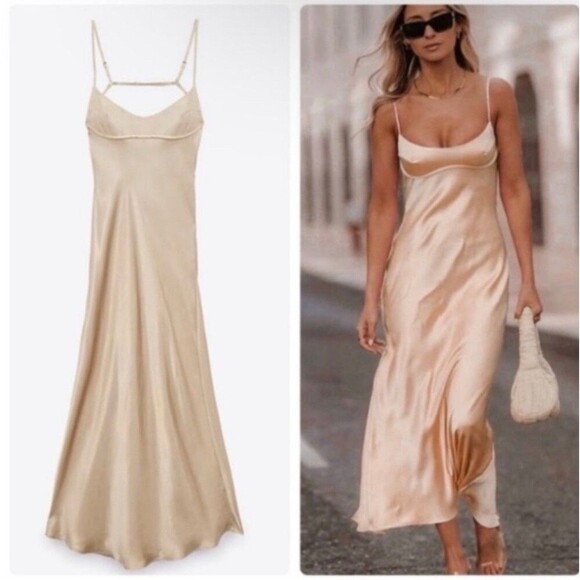 ZARA Bloggers Fav Satin Effect Slip Maxi Dress Beige Champagne Size Small Sexy - Picture 1 of 13